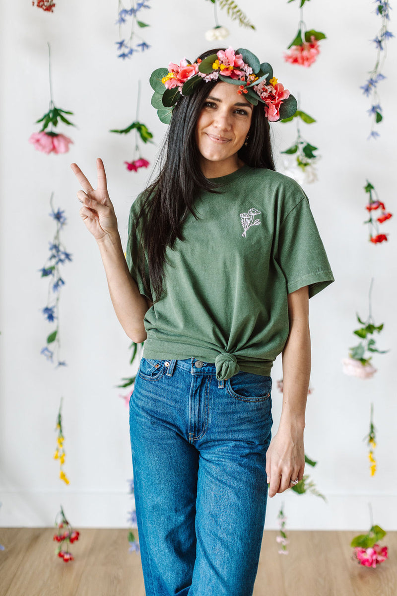 EMBROIDERED Pocket Flowers on Front w/ Printed Still Growing on Back - SHORT SLEEVE COMFORT COLORS TEE