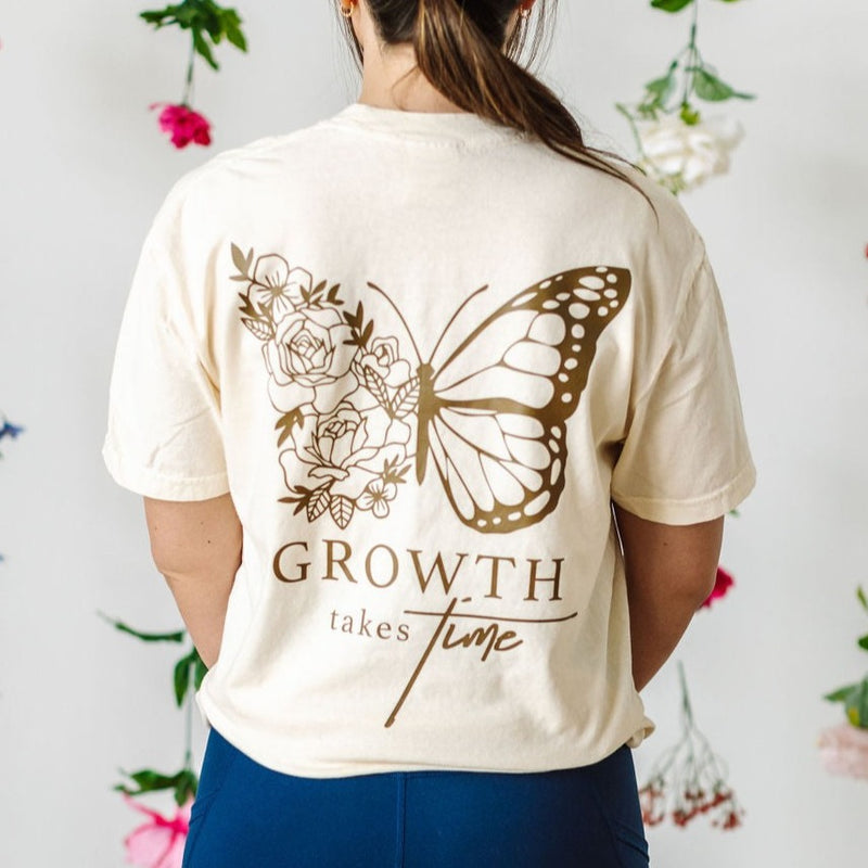 EMBROIDERED Pocket Floral Butterfly on Front w/ Printed Growth Takes Time on Back - SHORT SLEEVE COMFORT COLORS TEE