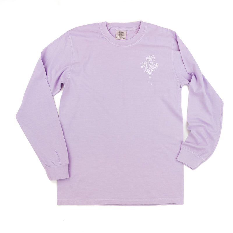 1 EMBROIDERED Birth Flower (Pocket Placement) w/ White Thread - LONG SLEEVE COMFORT COLORS