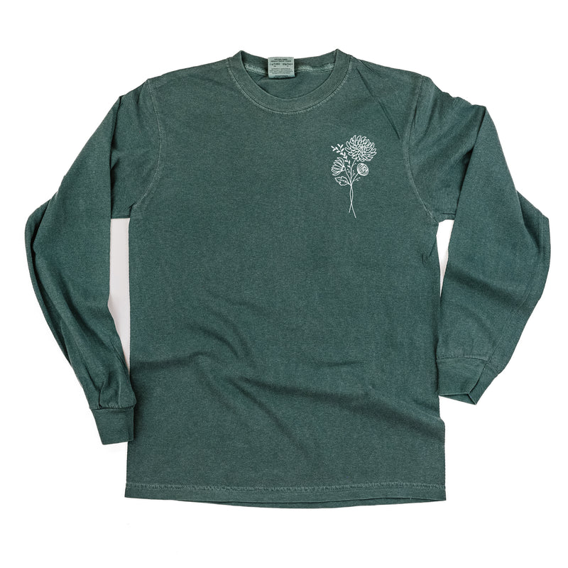 1 EMBROIDERED Birth Flower (Pocket Placement) w/ White Thread - LONG SLEEVE COMFORT COLORS