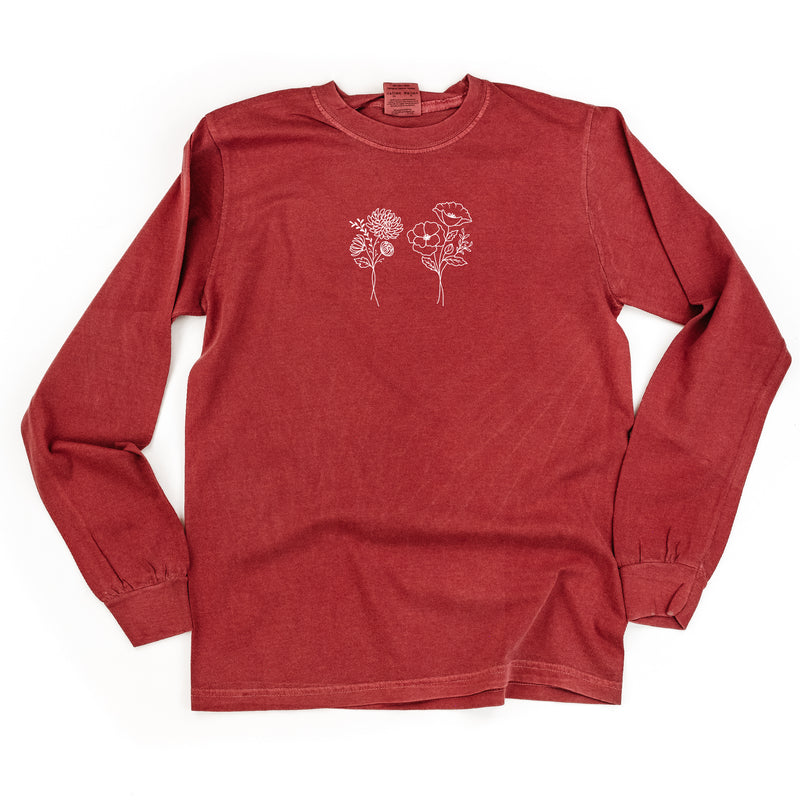 2 EMBROIDERED Birth Flower (Center Placement) w/ White Thread - LONG SLEEVE COMFORT COLORS