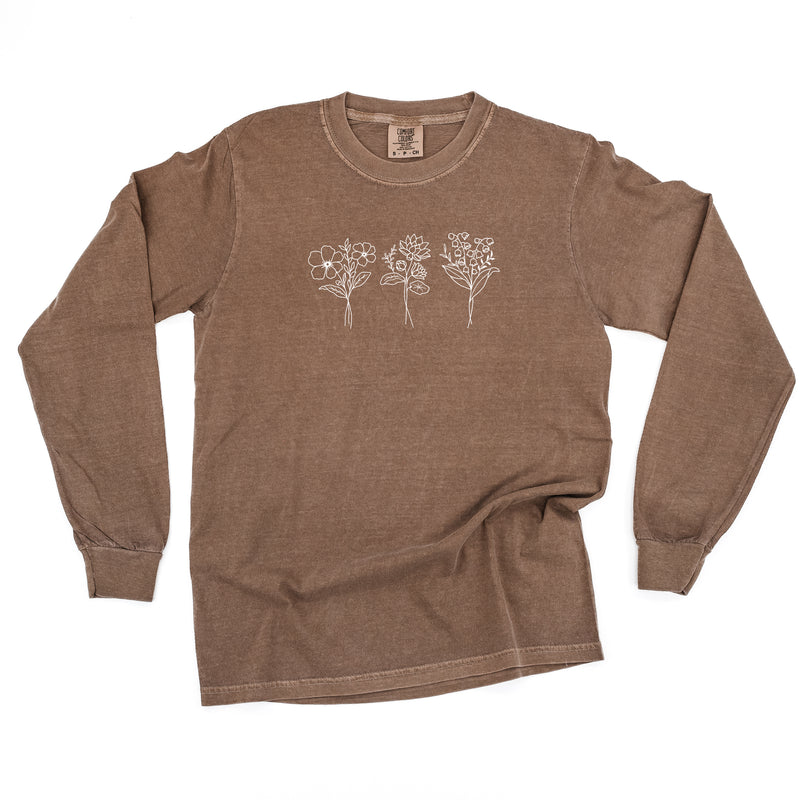3 EMBROIDERED Birth Flower (Center Placement) w/ White Thread - LONG SLEEVE COMFORT COLORS