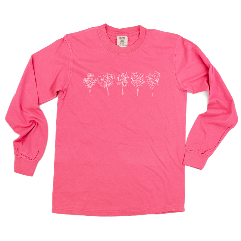 5 EMBROIDERED Birth Flower (Center Placement) w/ White Thread - LONG SLEEVE COMFORT COLORS