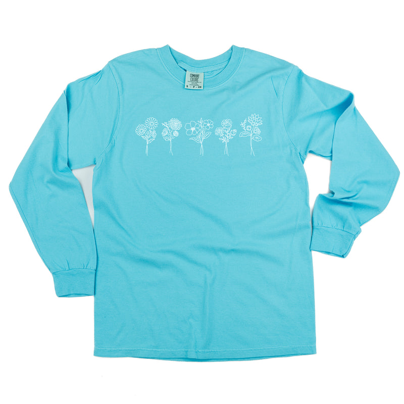 5 EMBROIDERED Birth Flower (Center Placement) w/ White Thread - LONG SLEEVE COMFORT COLORS