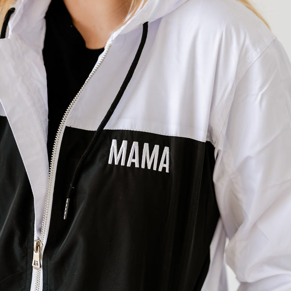 CAPSULE PIECE - MAMA Windbreaker - Black/White Colorblock (Embroidered Block Font Mama)