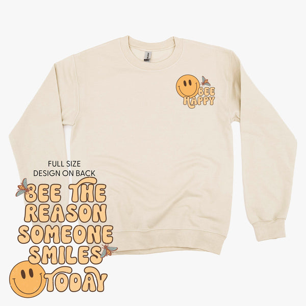 Bee Happy (Pocket) on Front w/ Bee the Reason Someone Smiles Today on Back - BASIC FLEECE CREWNECK