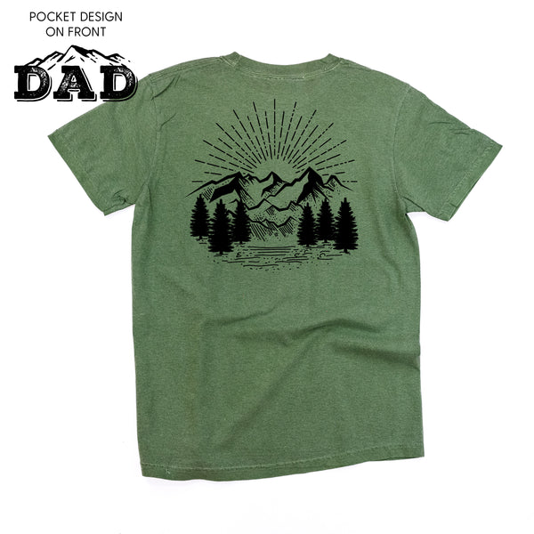 Dad w/ Mountains - Pocket Design (front) / Mountain Scene (Back) - SHORT SLEEVE COMFORT COLORS TEE