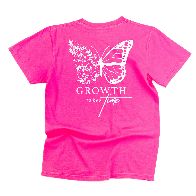 EMBROIDERED Pocket Floral Butterfly on Front w/ Printed Growth Takes Time on Back - SHORT SLEEVE COMFORT COLORS TEE