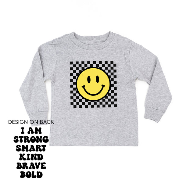 Big Yellow Checker Smiley (Front) w/ I am Strong Smart Kind Brave Bold (Back) - Long Sleeve Child Shirt