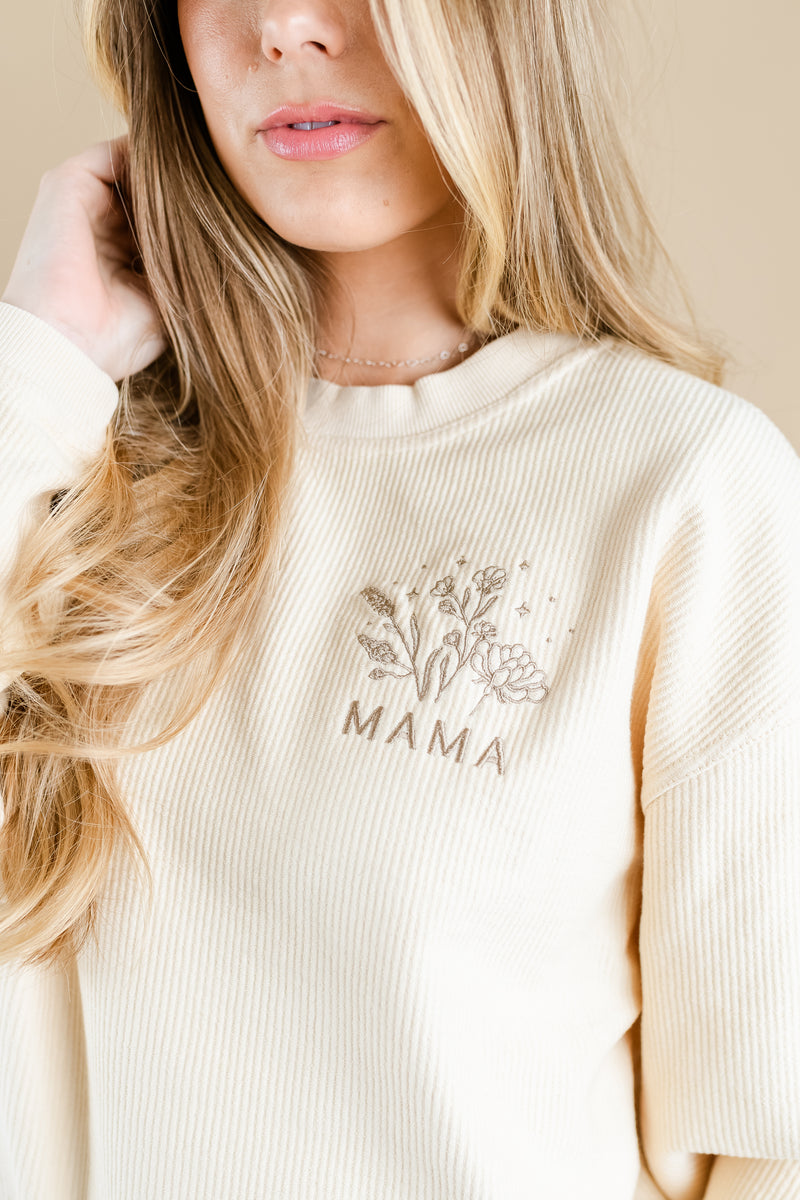 Cream Corded Sweatshirt - Embroidered - Mama (Bouquet)