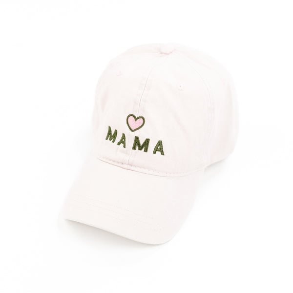 M A M A (Heart Above) - Pale Pink w/ Olive Thread - Baseball Cap