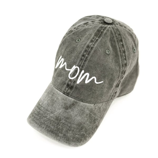 Mom (Cursive) - Heathered Black w/ White Embroidery - Baseball Cap