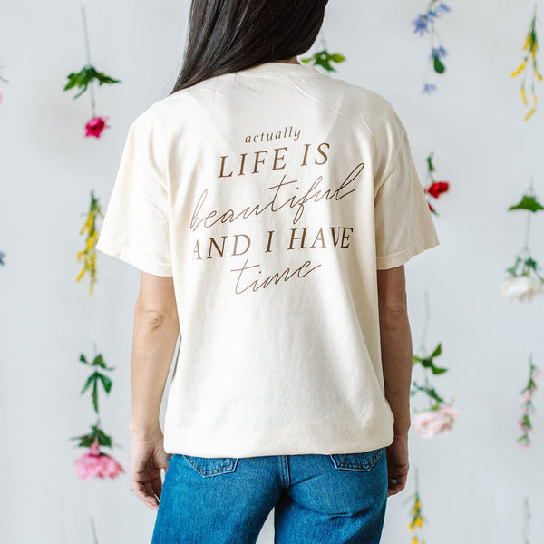 Flower Diamond (Pocket Front) w/ Actually Life is Beautiful and I Have Time (Back) - Unisex Tee