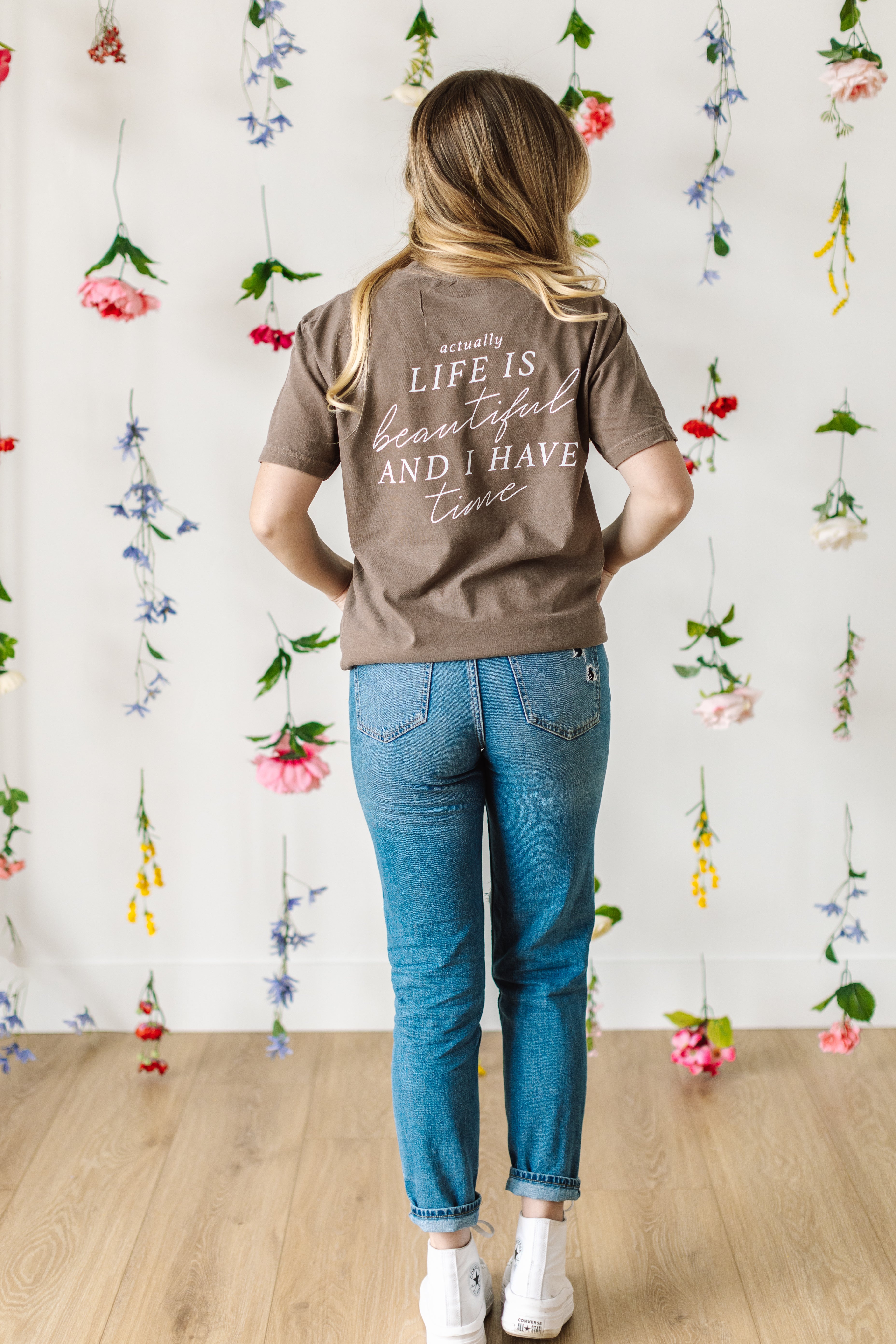Flower Diamond (Pocket Front) w/ Actually Life is Beautiful and I Have Time (Back) - SHORT SLEEVE COMFORT COLORS TEE Little Mama Shirt Shop
