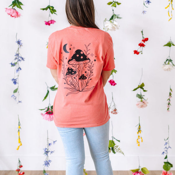 Mystical Mushrooms (Pocket Front) w/ Full Design On Back - SHORT SLEEVE COMFORT COLORS TEE