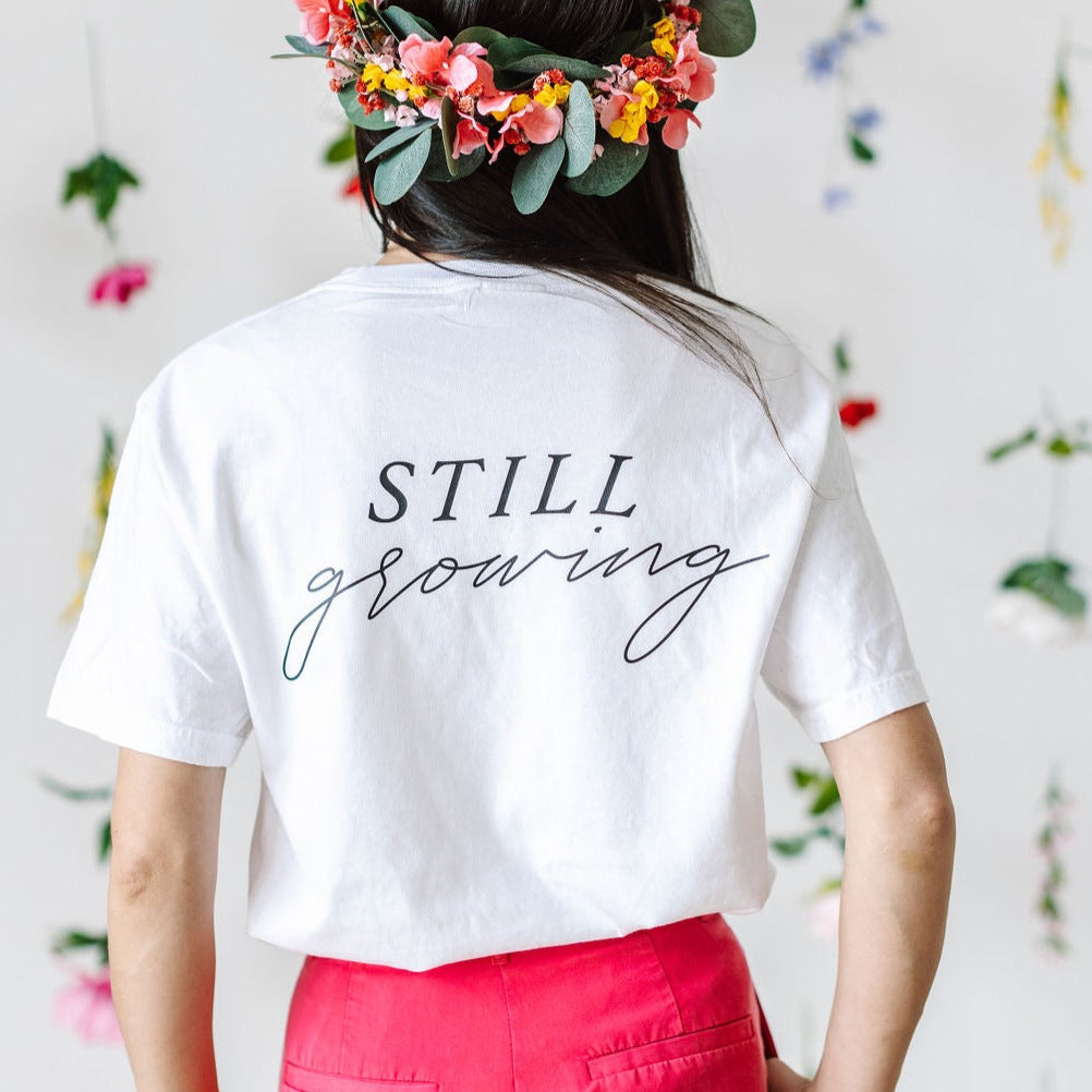 EMBROIDERED Pocket Flowers on Front w/ Printed Still Growing on Back - SHORT SLEEVE COMFORT COLORS TEE Little Mama Shirt Shop