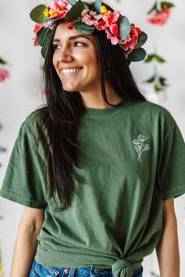 EMBROIDERED Pocket Flowers on Front w/ Printed Still Growing on Back - SHORT SLEEVE COMFORT COLORS TEE