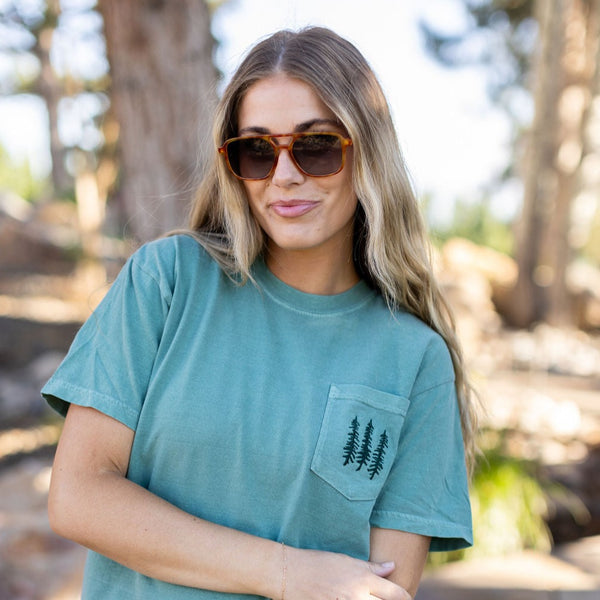 FLAVOR OF THE WEEK - #5 - LIGHT GREEN POCKET TEE - EMBROIDERED Pine Trees (on front) / PRINTED The Great Outdoors (on back)