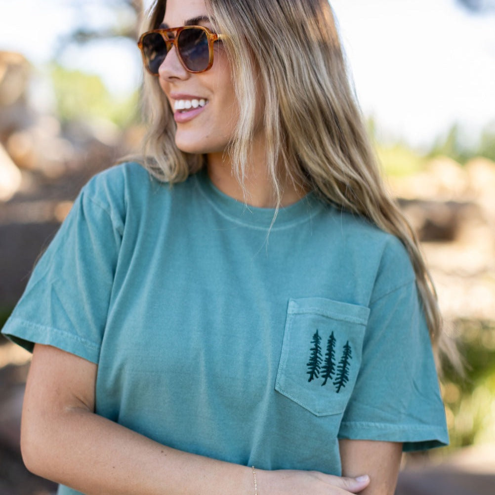 Embroidered Pine Trees (on front) / Printed The Great Outdoors (on back) - Light Green Pocket Tee Little Mama Shirt Shop LLC