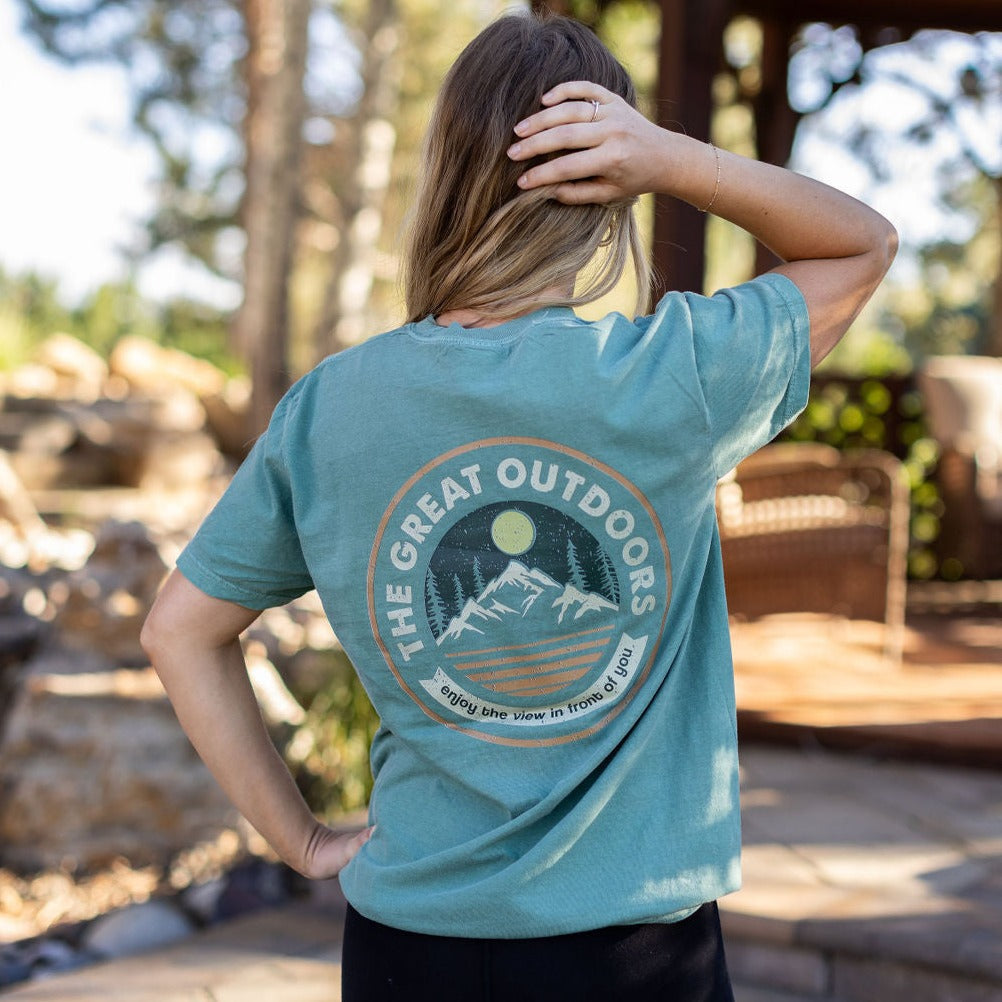 Embroidered Pine Trees (on front) / Printed The Great Outdoors (on back) - Light Green Pocket Tee Little Mama Shirt Shop LLC