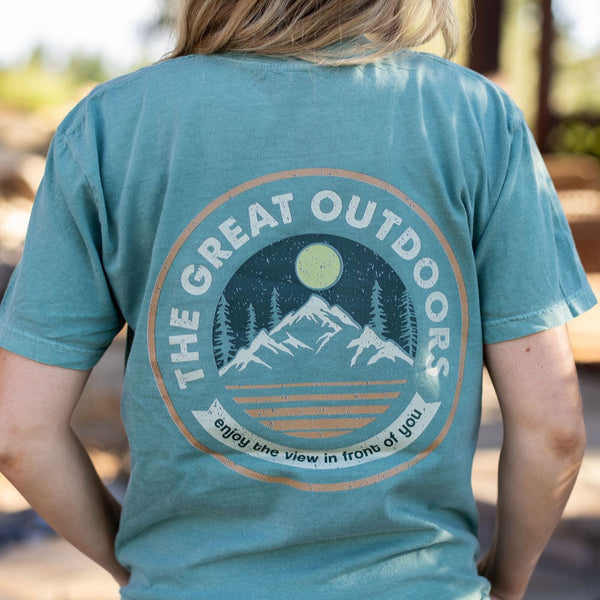 FLAVOR OF THE WEEK - #5 - LIGHT GREEN POCKET TEE - EMBROIDERED Pine Trees (on front) / PRINTED The Great Outdoors (on back)