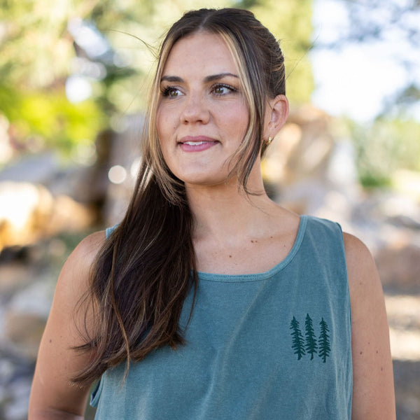 FLAVOR OF THE WEEK - #5 - SPRUCE COMFORT COLORS TANK - EMBROIDERED Pine Trees (on front) / PRINTED The Great Outdoors (on back)