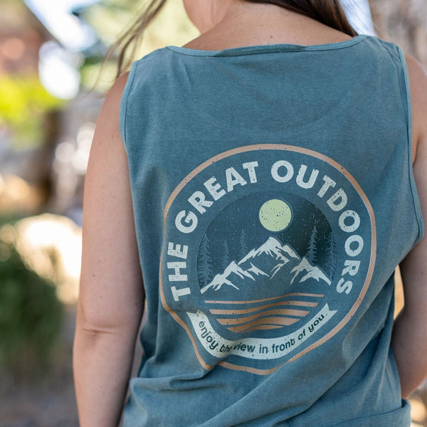 FLAVOR OF THE WEEK - #5 - SPRUCE COMFORT COLORS TANK - EMBROIDERED Pine Trees (on front) / PRINTED The Great Outdoors (on back)