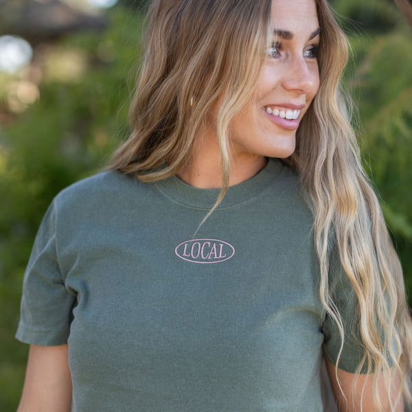 FLAVOR OF THE WEEK - #9 - HEMP COMFORT COLORS TEE - EMBROIDERED Local (centered on front) / PRINTED Explore Your Own Backyard (on back)