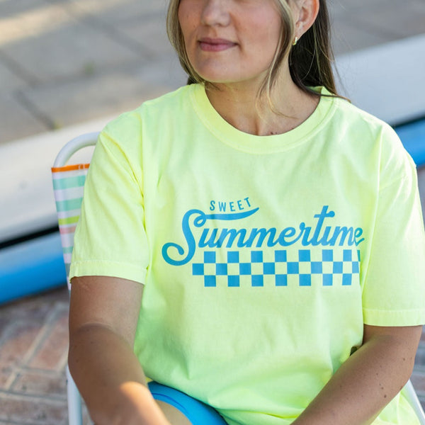 FLAVOR OF THE WEEK - #3 - NEON LEMON BURST COMFORT COLORS TEE - Sweet Summertime (on front) / Let the Good Times Roll (on back)