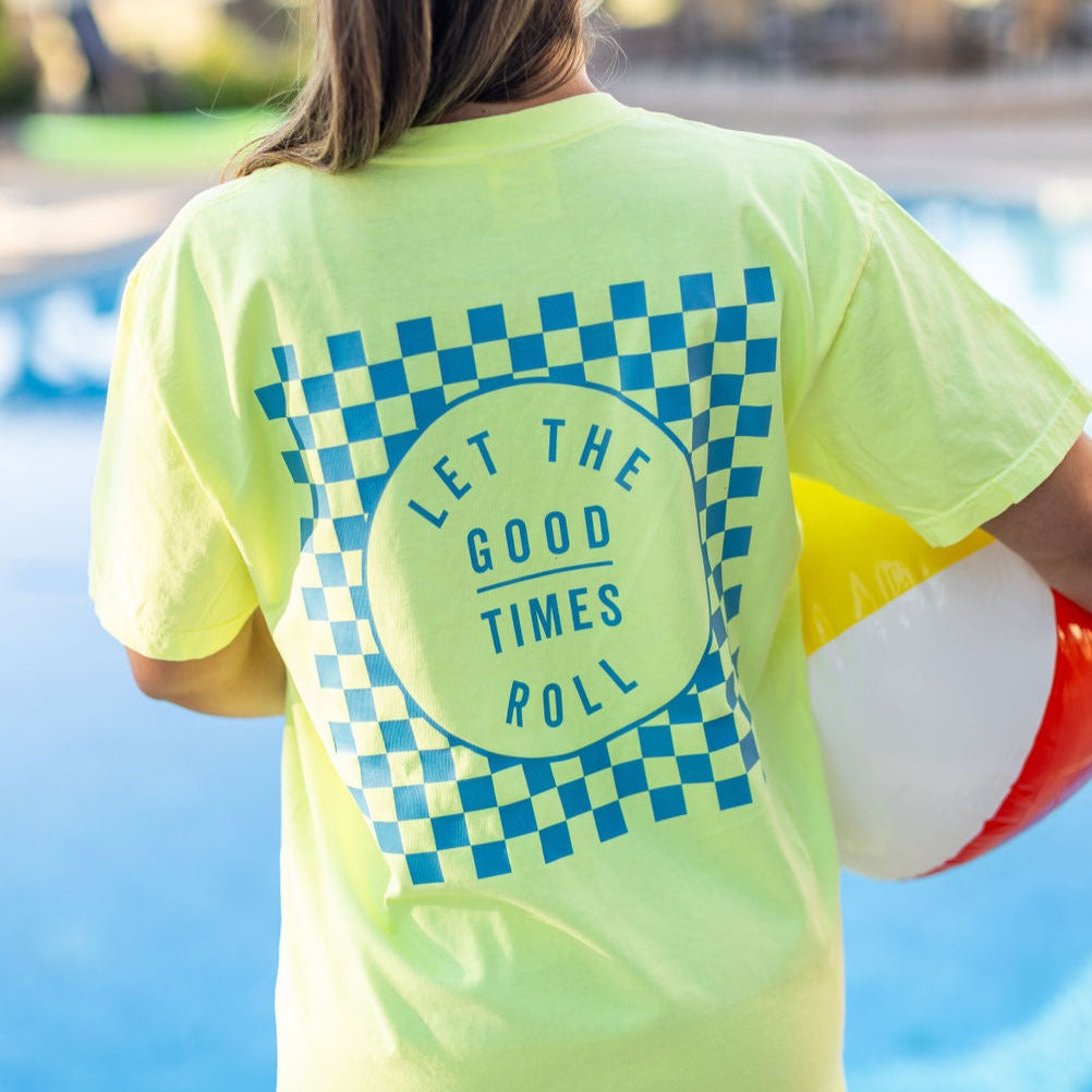  Let the Good Times Roll (on back) - Neon Lemon Comfort Colors Tee Little Mama Shirt Shop LLC