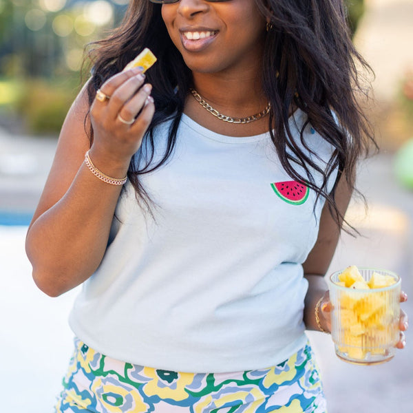 FLAVOR OF THE WEEK - #4 - LIGHT BLUE COMFORT COLORS TANK - EMBROIDERED Watermelon Design (on front) / PRINTED Life is Short Make it Sweet (on back)