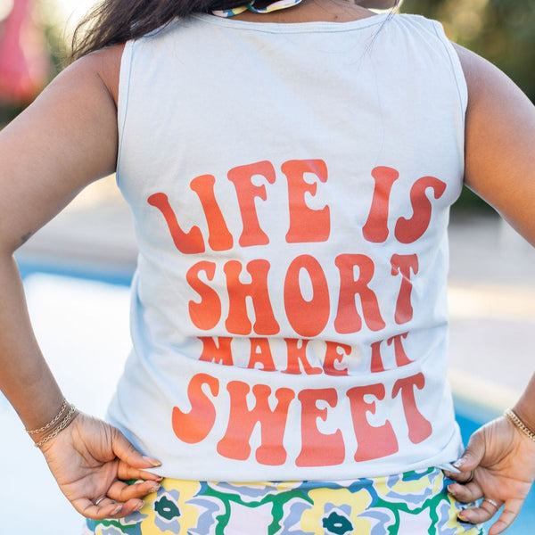 FLAVOR OF THE WEEK - #4 - LIGHT BLUE COMFORT COLORS TANK - EMBROIDERED Watermelon Design (on front) / PRINTED Life is Short Make it Sweet (on back)