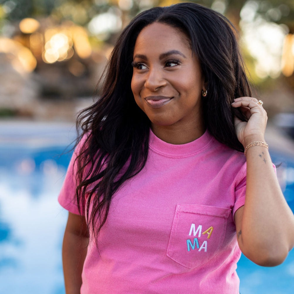 Embroidered Mama (pocket) / Printed These Are The Days x6 (on back) - Dragonfruit Pocket Tee Little Mama Shirt Shop LLC