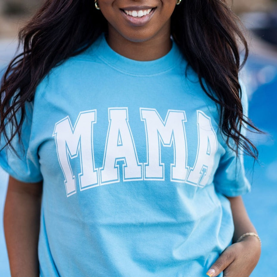 Mama - Varsity Outline - Lagoon Comfort Colors Tee Little Mama Shirt Shop LLC