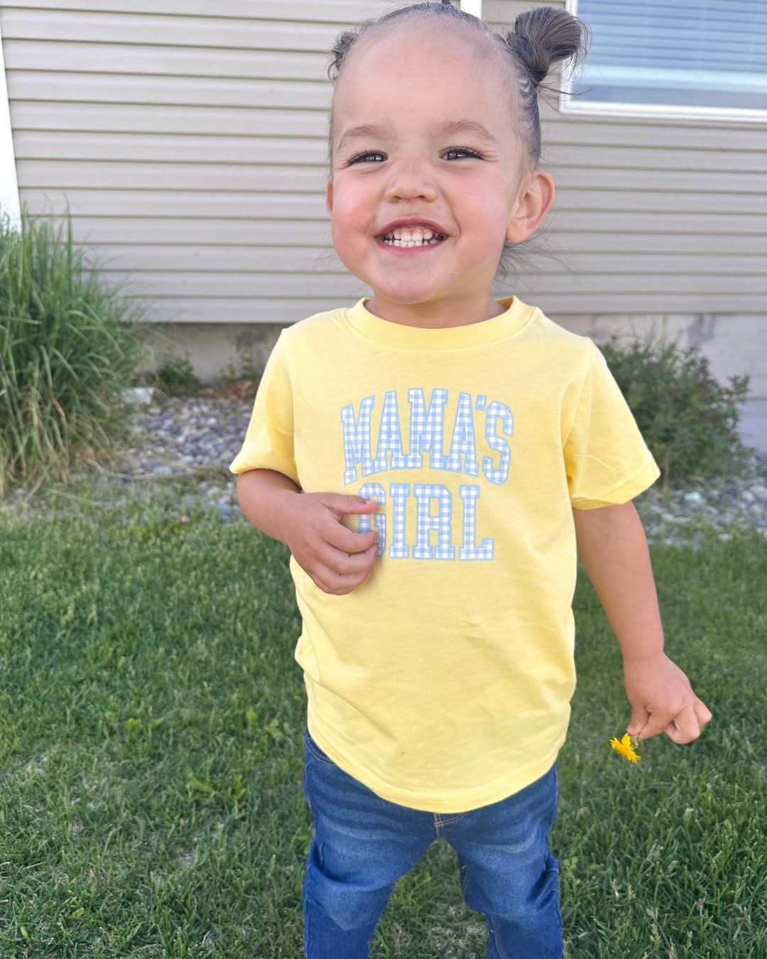 Girls Butter Yellow with Blue Gingham Phrase - Child Tee | Little Mama Shirt Shop Little Mama Shirt Shop LLC