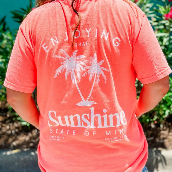 FLAVOR OF THE WEEK - #2 - NEON CANTALOUPE COMFORT COLORS TEE - Sunshine State of Mind (centered pocket on front) / Enjoying That with Palm Trees (on back)