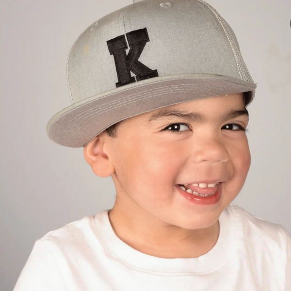 VARSITY INITIAL - Child Size - Flat Brimmed Hat - Gray w/ Black Letter