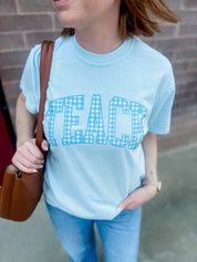 Teacher Comfort Colors Tee | Teach Blue Gingham Graphic Little Mama Shirt Shop LLC