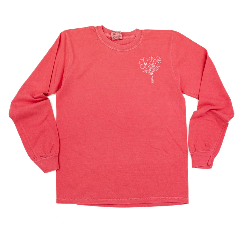 1 EMBROIDERED Birth Flower (Pocket Placement) w/ White Thread - LONG SLEEVE COMFORT COLORS