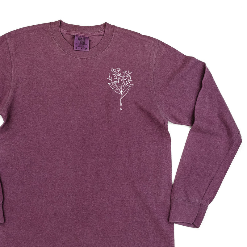 1 EMBROIDERED Birth Flower (Pocket Placement) w/ White Thread - LONG SLEEVE COMFORT COLORS