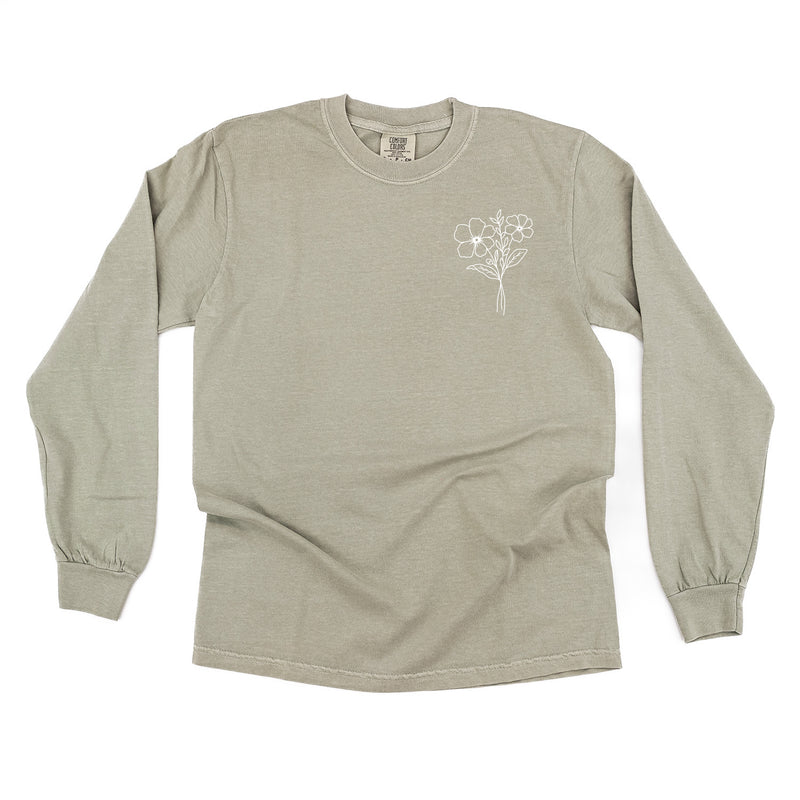 1 EMBROIDERED Birth Flower (Pocket Placement) w/ White Thread - LONG SLEEVE COMFORT COLORS