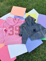 Personalized Varsity Number Youth Pigment Hoodie | Embroidered Front Letter | Printed Back Number Little Mama Shirt Shop LLC