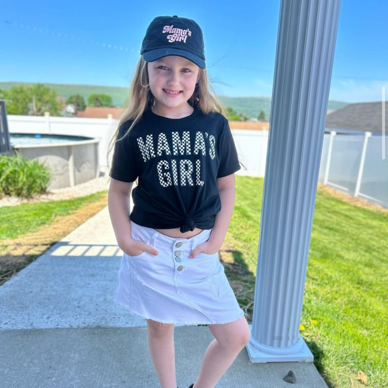 Retro Mama's Girl - Child Size Baseball Cap (Black w/ Pink)
