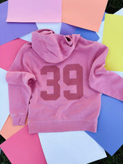 Personalized Varsity Number Youth Pigment Hoodie | Embroidered Front Letter | Printed Back Number Little Mama Shirt Shop LLC