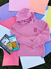 Personalized Varsity Number Youth Pigment Hoodie | Embroidered Front Letter | Printed Back Number Little Mama Shirt Shop LLC