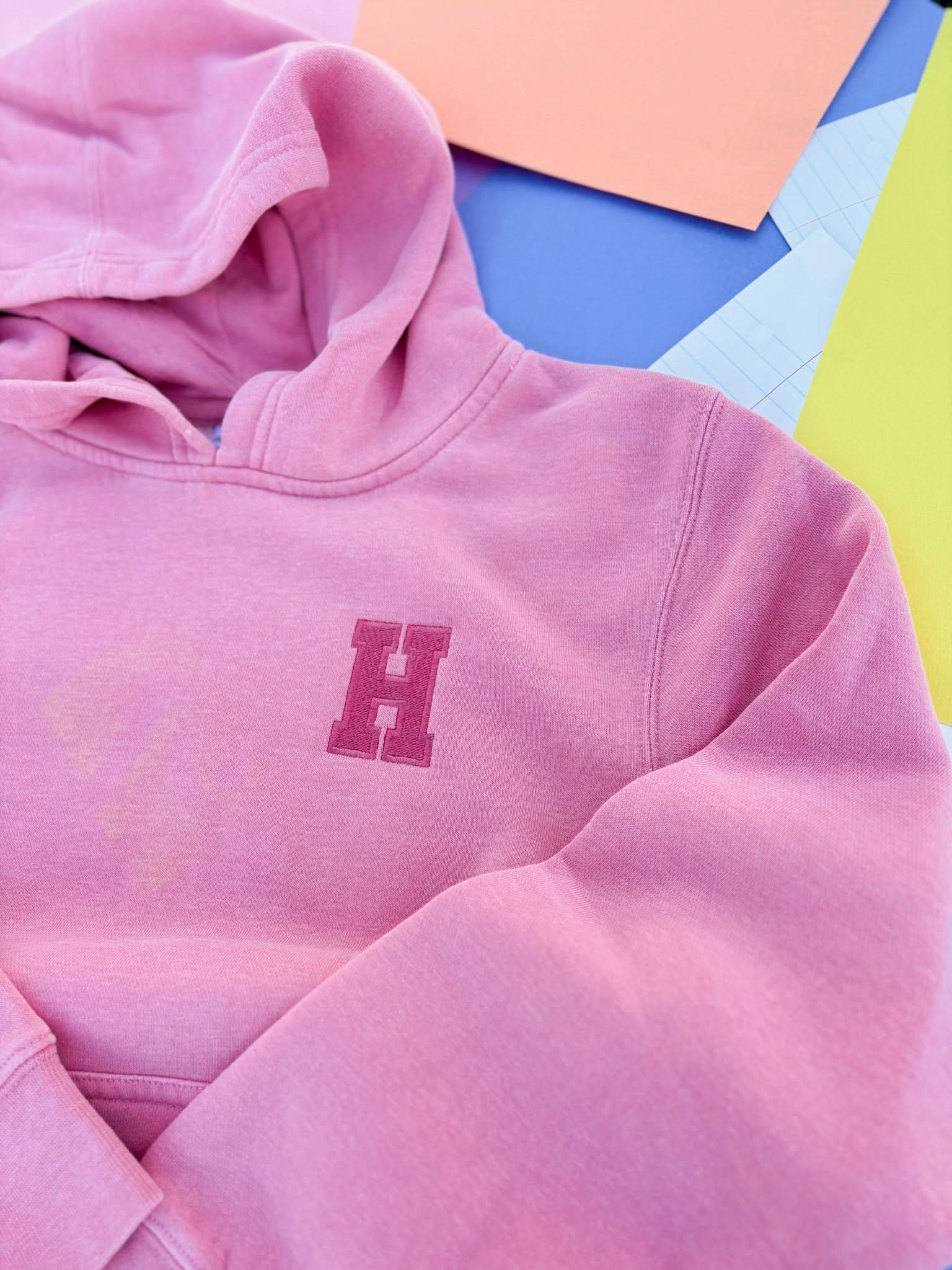 Personalized Varsity Number Youth Pigment Hoodie | Embroidered Front Letter | Printed Back Number Little Mama Shirt Shop LLC