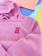 Personalized Varsity Number Youth Pigment Hoodie | Embroidered Front Letter | Printed Back Number Little Mama Shirt Shop LLC