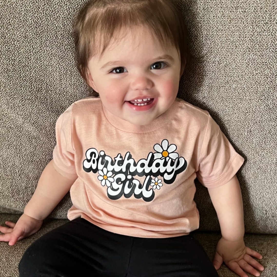 DAISY - BIRTHDAY GIRL - w/ Full Daisy on Back - Short Sleeve Child Shirt Little Mama Shirt Shop
