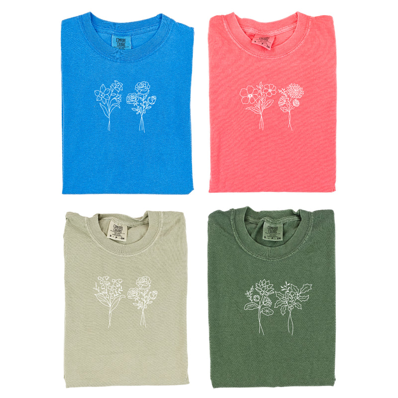 2 EMBROIDERED Birth Flower (Center Placement) w/ White Thread - SHORT SLEEVE COMFORT COLORS