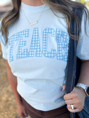 Teacher Comfort Colors Tee | Teach Blue Gingham Graphic Little Mama Shirt Shop LLC